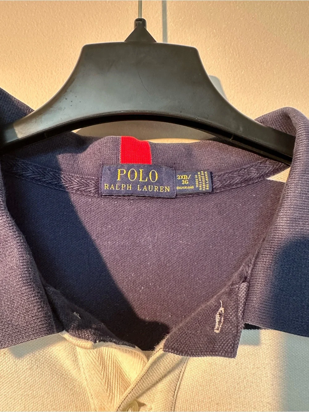 Ralph Lauren Navy and White Striped Rugby Style Polo with Red Pony US Flag